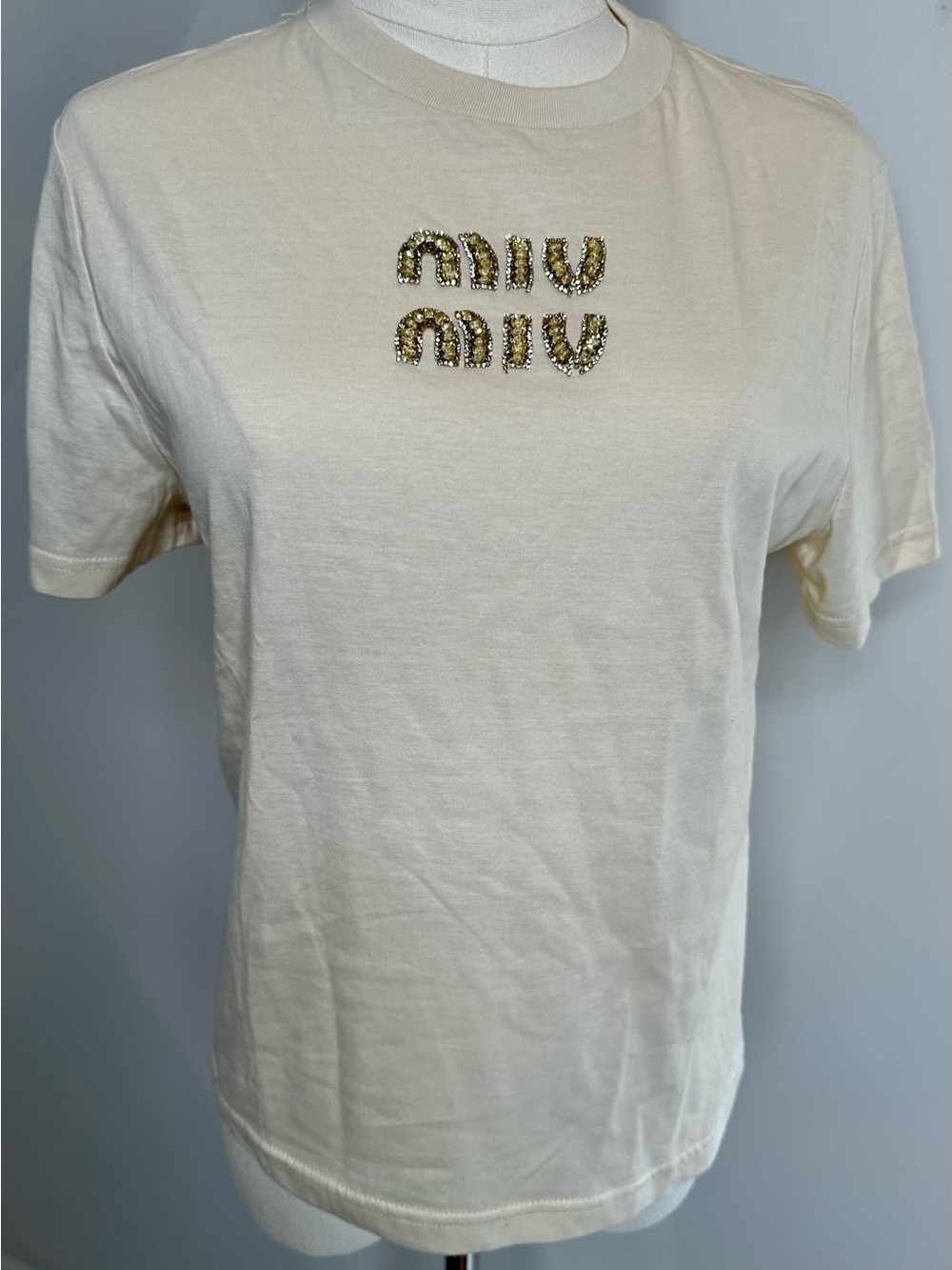 Miu Miu Crystal Logo Cotton Tee Ivory Size L Made in Italy Read Description